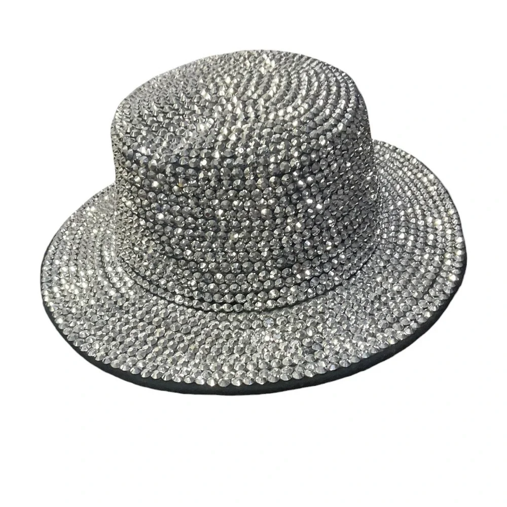 Silver Rhinestone Boater Hat Sparkly Crystal Flat Top Festival Party Cap‎ 57